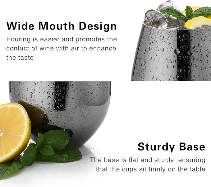 WOTOR Black Stemless Wine Glasses, 18oz, Stainless Steel, Set of 4 | Unbreakable, Metal, Outdoor Events, Ideal Gift