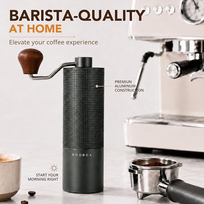 Portable Manual Coffee Grinder, Adjustable Stainless Steel Burr | Portable Aluminum Coffee Grinder with 28-Click Settings for Espresso, Pour Over and French Press