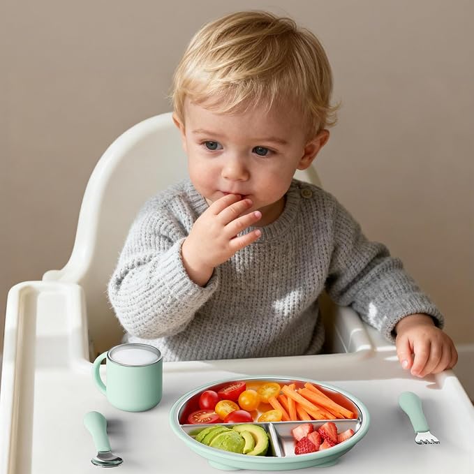 Bakpoco Stainless Steel Suction Plates for Baby Toddlers Feeding | 8" Divided Kids Plates with Removable Silicone Suction, Non Toxic Portion Control Snack Dishes 3 Packs, Pink Lilac Sage