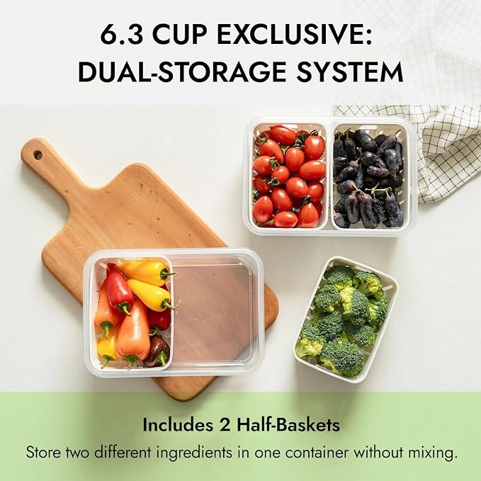 6.3 Cup Produce Saver Container for Fridge with Colander - 1.5L | Airtight Fruit & Vegetable Storage Bin, Removable Strainer Basket, BPA-Free, Stackable, White Colander