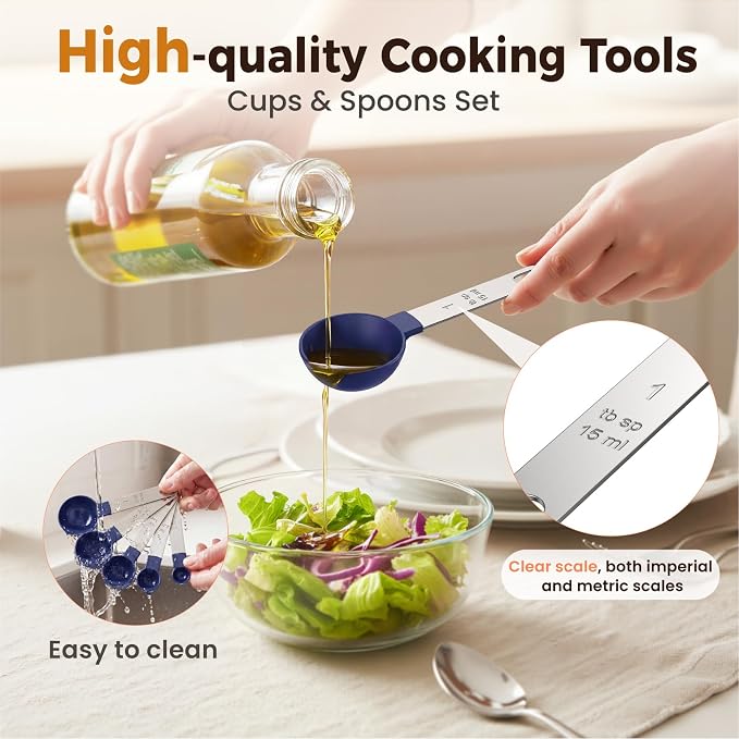 16PCS Measuring Cups and Spoons Set, Measuring Spoon Set with Metric and US Measurements, Fits for Measuring Dry and Liquid (Blue)