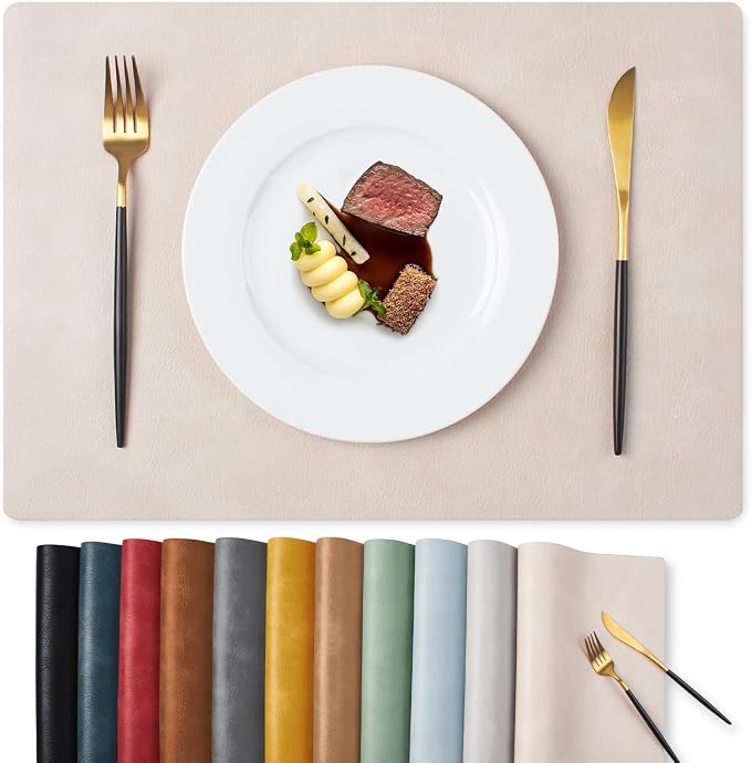 MOSAYT Vinyl Placemats Set of 12-12 X 17 Inch - Faux Leather 100% Waterproof Oil-Proof Wipeable PU Place Mats, Heat Resistant Reversible Table Mats for Kitchen, Dining, Outdoor, Beige