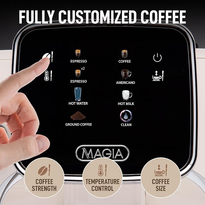 Zulay Kitchen Magia Clasica Automatic Espresso Machine with Built-In Grinder, Touch Panel Coffee Maker, Steam Wand Milk Frother, Adjustable Strength, Self-Cleaning, Cream & Silver (13" x 17.7" x 9.4")