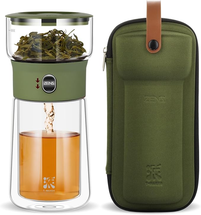 ZENS Modern Glass Infuser Teapot, Smart One Touch Tea Maker for Loose Tea | Glass Magic Tea Pot, Mess free Tea Steeper with Insulated Mug, Portable Tea Infuser with Case for Tea Lovers