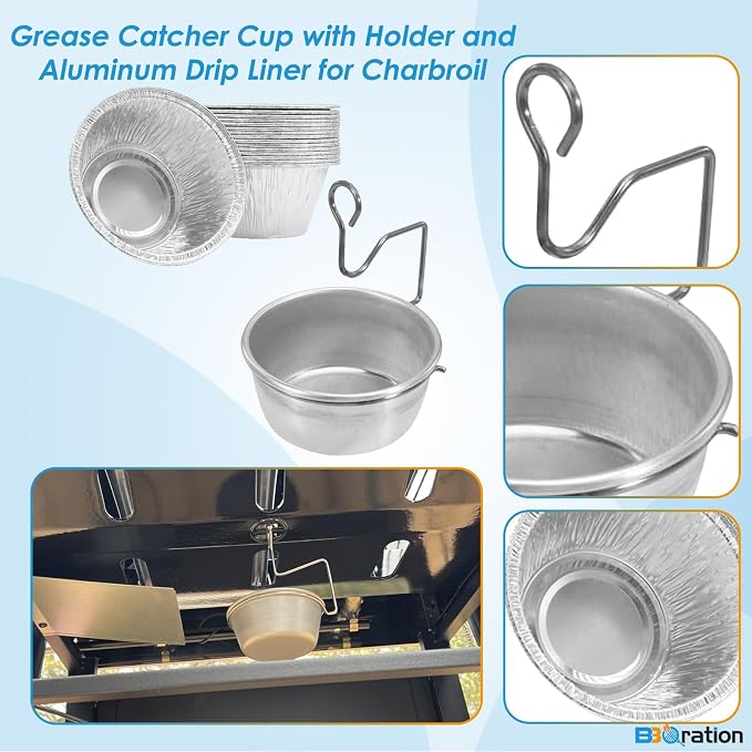 Universal Grease Cup for Char-Broil Kenmore and Other Similar Grills | 5884694 Grease Catcher Cup with Holder and 15-Pack Aluminum Drip Liner Collect Cooking Oil for Masterbuilt 30" & 40" Smokers