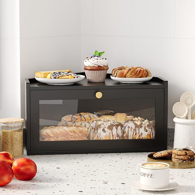 Trironsun Corner Bamboo Bread Box for Kitchen Counter Large Rustic Bread Storage Container with Acrylic Door Space-Saving Vintage Bread Keeper for Homemade Bread (Black)