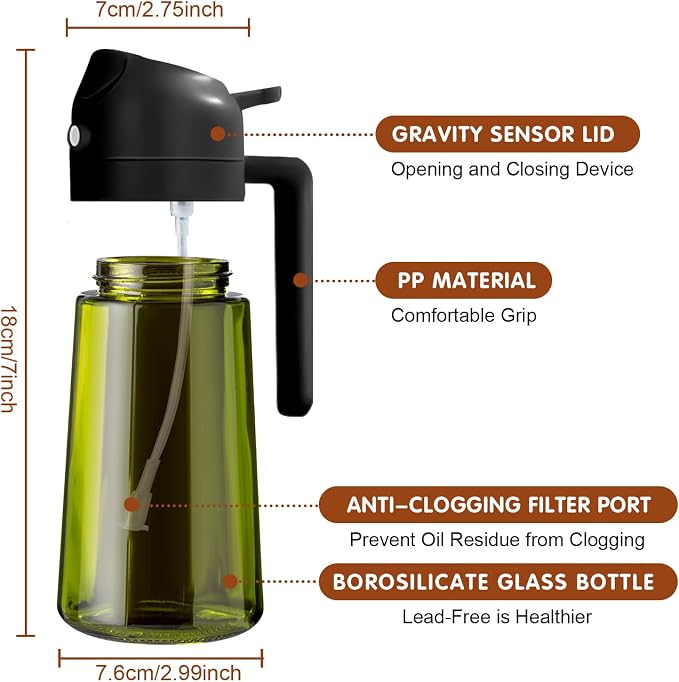 YARRAMATE 16 oz 2-in-1 Dark Glass Olive Oil Sprayer & Dispenser, BlackGreen | Light-blocking dark green glass, food-grade spray and pour bottle for cooking, air fryer, salad and BBQ