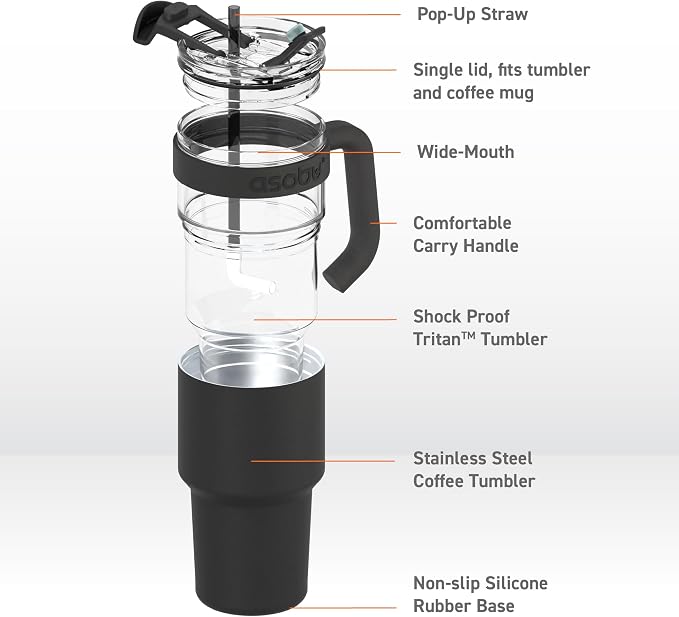 asobu Extra Large Travel Explorer Tumbler for Hot and Cold with Stainless Steel Removable Coffee Mug Sleeve - Straw and Flip Open Sip Spout, 34 oz / 25 oz (Black)