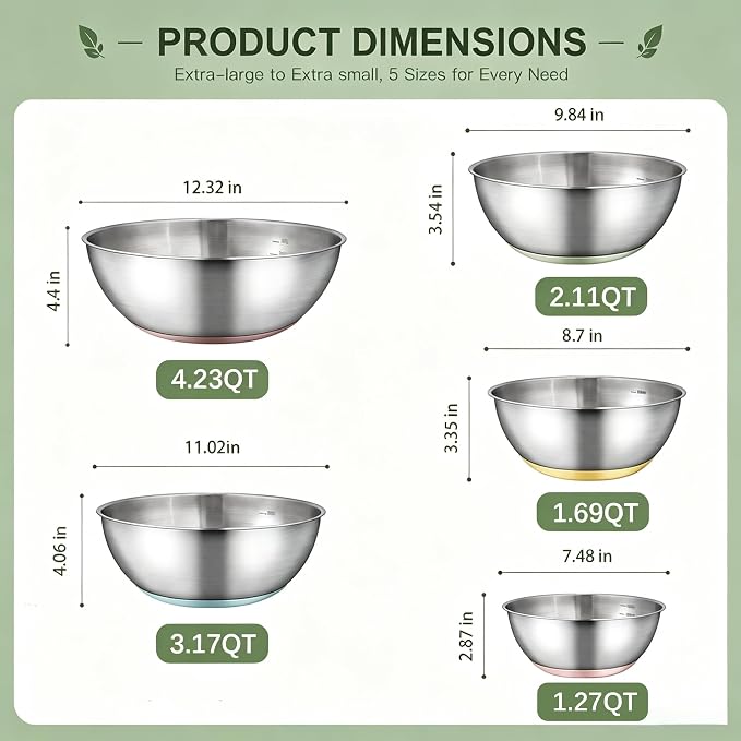 GIUOIDUO Stainless Steel Mixing Bowls Set with Non-Slip Base, Set of 5 | 1.27/ 1.69/ 2.11/ 3.17/ 4.23QT Nesting Bowls, Dishwasher Safe Baking Bowls for Kitchen Baking, Meal Prep and Storage