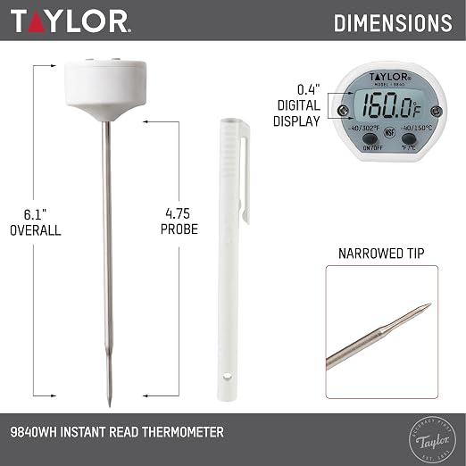 Taylor Instant Read Digital Meat Thermometer for Grill, BBQ & Kitchen, NSF Approved, Fast Internal Temperature Readings, F/C Switchable Display, Battery Included, Pocket Sleeve Clip, White