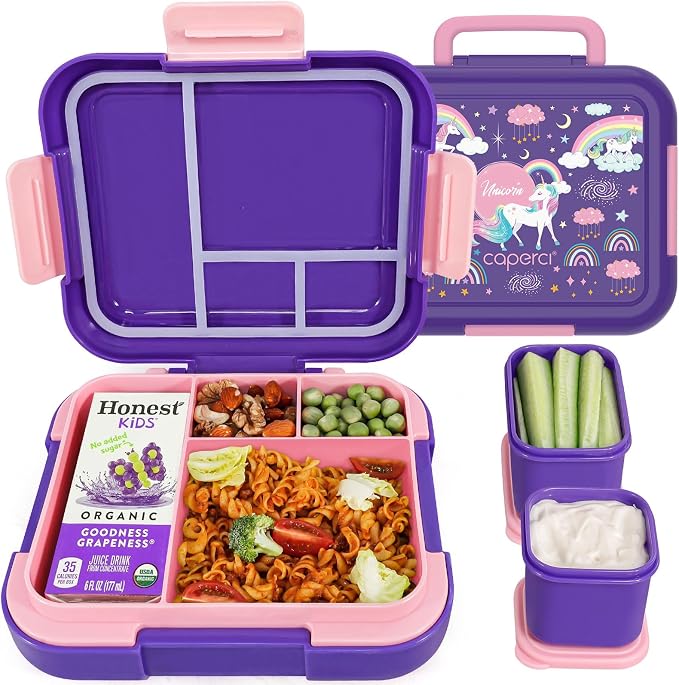 Caperci Bento Box for Kids Age 4-8 - Leak-Proof Toddler Lunch Box Container with 2 Modular Containers & 4 Compartments, Hold 4.8 Cups, Portable Handle, BPA-Free, Microwave/Dishwasher Safe (Unicorn)