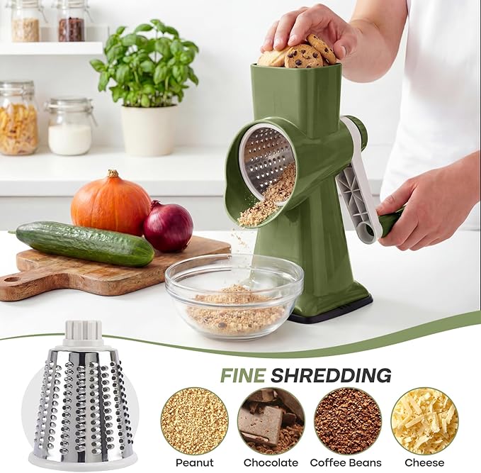 Rotary Cheese Grater, Cheese Grater Hand Crank, 3-Blade Grater | 3 stainless steel drums create fine shreds,coarse grates and slices for cheese, vegetables, salads, pizza and daily meal prep