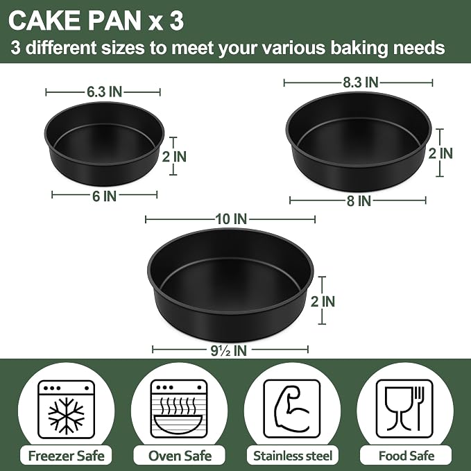 E-far Cake Pan Set of 3(6/8/9.5 Inch), Nonstick Stainless Steel Cake Pans | Round Baking Tins for Birthday/Wedding Layer Cakes, Stainless Steel Core & Non-toxic Coating, Straight Side & 2 Inch Deep