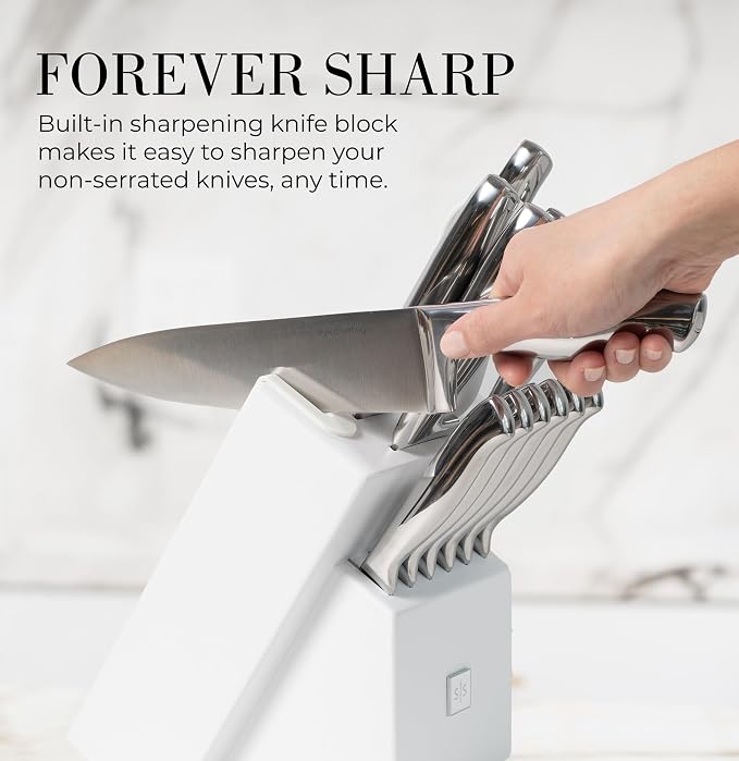 Styled Settings Stainless Steel Knife Set with Built In Sharpener, 14-Piece | Ultra Sharp, High Carbon Stainless Steel Kitchen Knife Set Includes White Knife Block with Sharpener Built In
