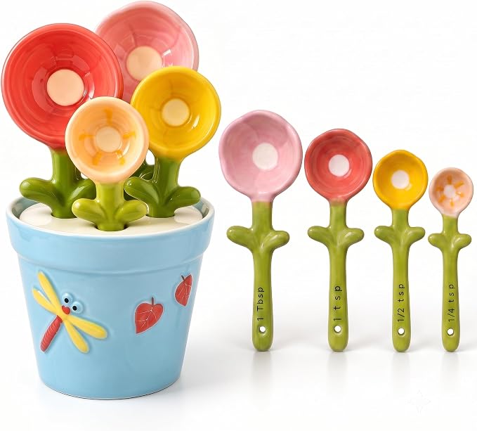 Cute Flower Ceramic Measuring Spoons Set with Base, Kitchen Decorate Gifts | Small Flower Pot Measuring Spoons and Cups with Holder, Home Baking Gifts Blue