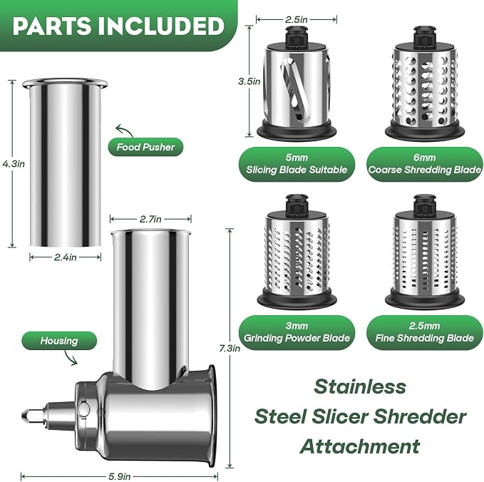 HOZODO Slicer Shredder Attachment for KitchenAid Stand Mixer | Stainless Steel, 4 Blades for Cheese Grating, Slicing, Shredding & Grinding for KitchenAid Cheese Grater Attachments