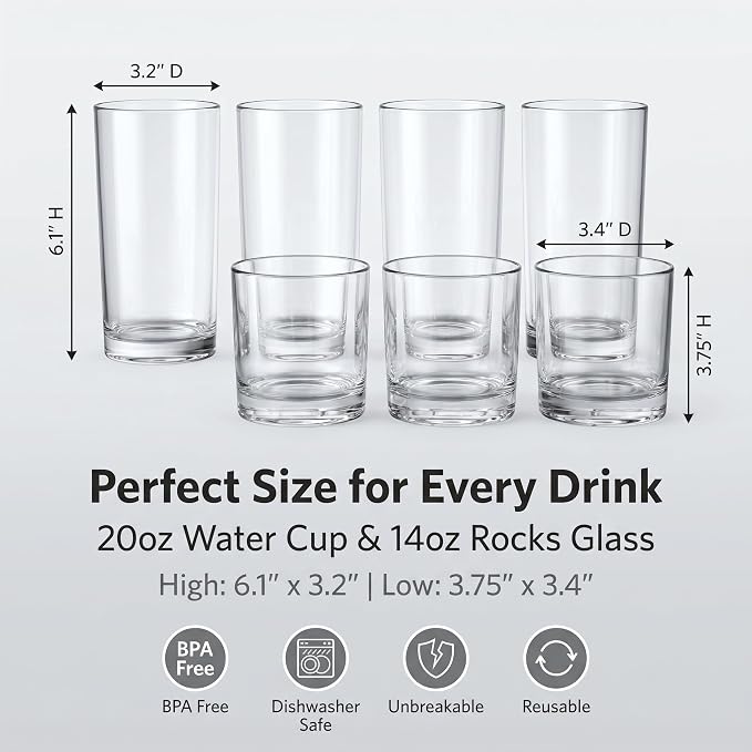 Meolibour® Acrylic Drinking Glasses Set of 8, 14oz Rocks & 20oz Water Cups, Unbreakable Plastic Drinkware, Clear Kitchen Tumblers for Home Outdoors, Reusable, BPA-Free, Top-Rack Dishwasher Safe