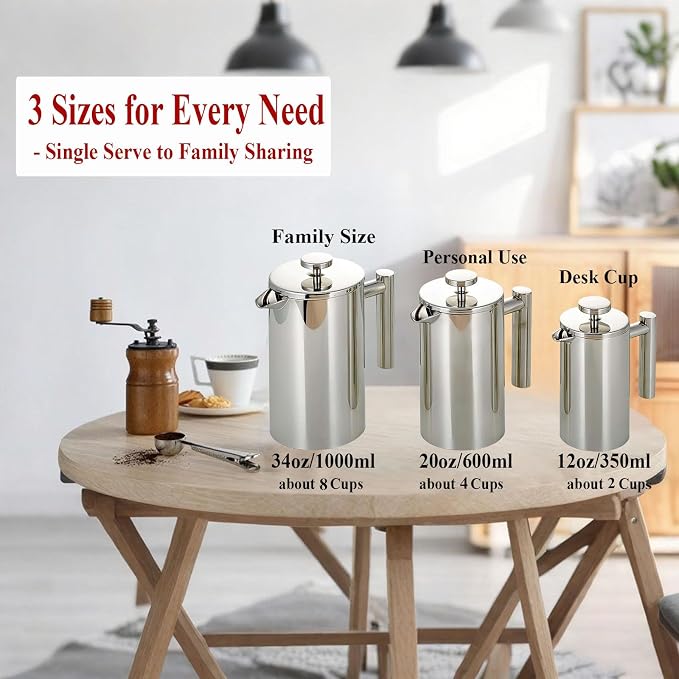 Stainless Steel French Press Coffee Maker - Portable Cafetiere 3 Cup Espresso Coffee Press - Double Wall Insulated, Triple Mesh Filter - Perfect for Home, Office, Camping & Travel (20 Oz)
