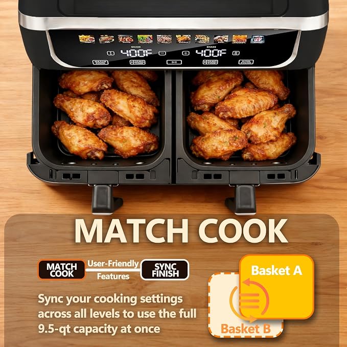 Simple Deluxe 9.5-Qt Dual Basket Air Fryer, 10-in-1 Digital Preset 1700W Airfryer, Sync Cook, Independent Temp Control, Shake Reminder, Nonstick Basket, Black