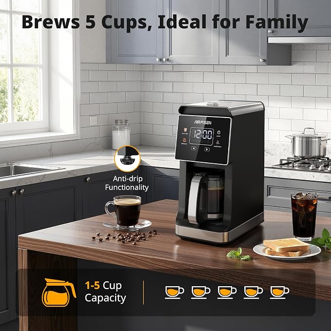 AIRMSEN Grind & Brew Coffee Maker with Built-In Grinder 5-Cup | Drip Coffee Machine with 24H Programmable Timer, 3 Grind Settings, Fresh Ground Coffee Maker for Home & Office