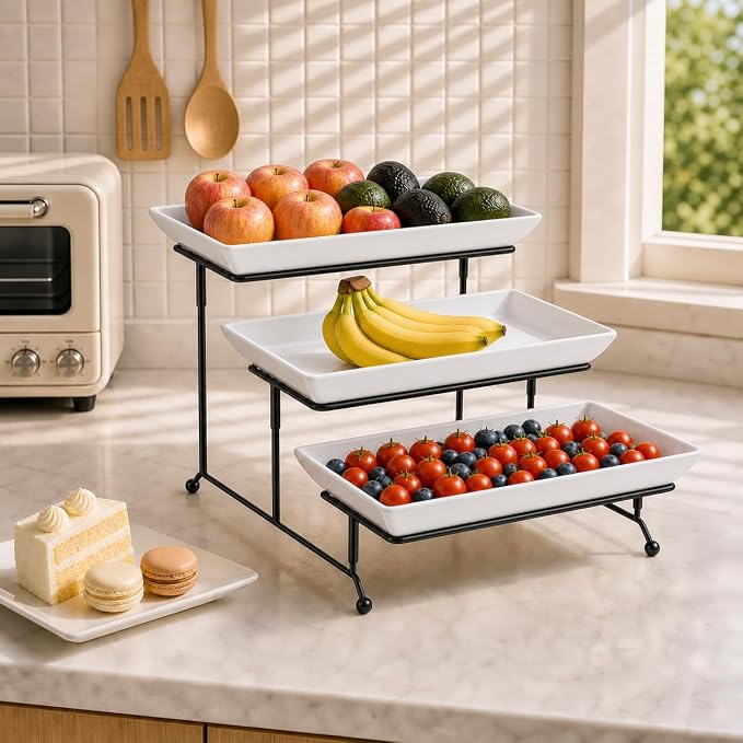 MALACASA 3 Tier Serving Trays for Party, Porcelain Serving Platters and Trays, 12 Inch Tiered Tray Stand, Fruit Tray, Trays for Serving Food, White Dessert Stand with Collapsible Sturdier Metal Rack | Tiered Serving Stand for Party, Fruit Tray, Trays f...