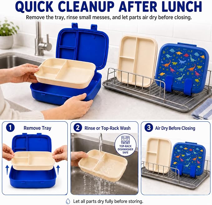 MISS BIG Kids Bento Lunch Box, Blue Dinosaur, Microwave Safe, 800ml | Boys lunch box with 3 sections for school meals, daycare, preschool, kindergarten, and microwave-safe reheating