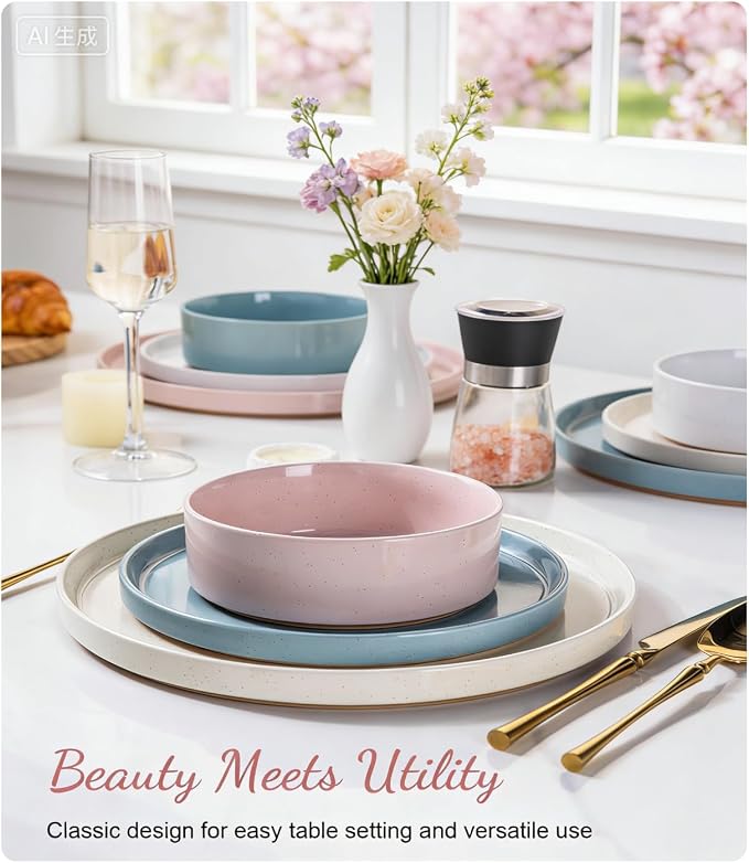 AmorArc Stoneware Dinnerware Sets for 4,12Pcs Plates and Bowls Set | Handmade Ceramic Dish Set,Dishwasher & Microwave Safe,Scratch Resistant-Colorful