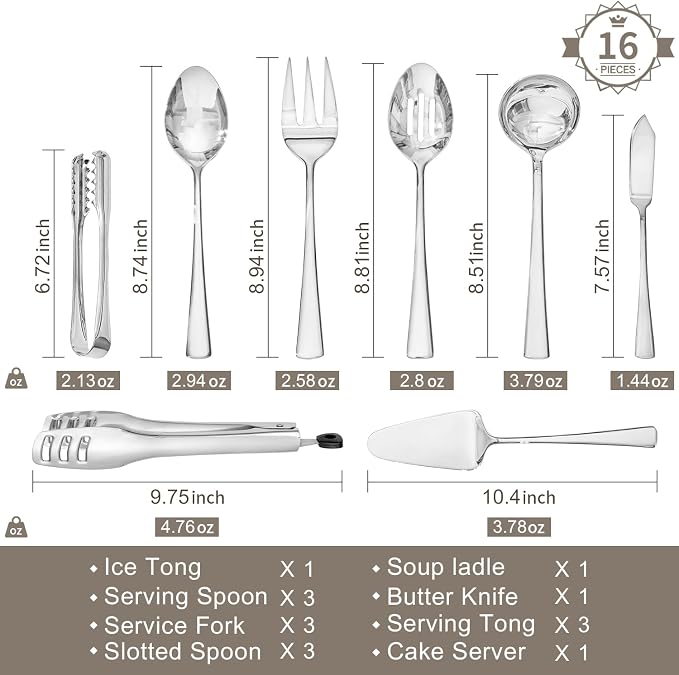 16 Piece 18/10 Serving Utensils Set, Stainless Steel Serving Set | Serving Utensils, Slotted Spoon, Fork, Tong, Soup Ladle, Cake Server, Butter Knife and Ice Tong for Buffet, Parties, Kitchen