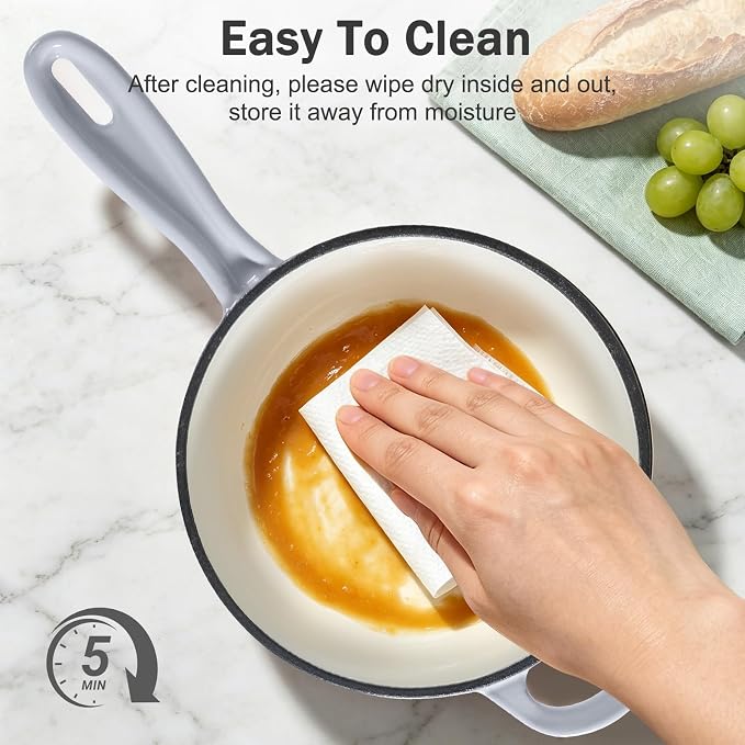 Enameled Cast Iron Sauce Pan with Lid, 1 Quart Saucepan with Lid | Dutch Oven with Lid, Small Cast Iron Pot for Cooking Pasta, Soup, Milk, Induction & Oven Safe Up to 500°F, Light Gray