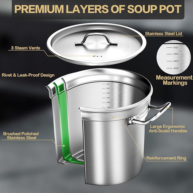 Commercial Grade Large Stock Pot - 75 QT Soup Pot with Lid - Non-Nickel Stainless Steel Stock Pots - Healthy Cookware Polished Stockpots - Heavy Duty Cooking Pots, Cookware Sauce Pots