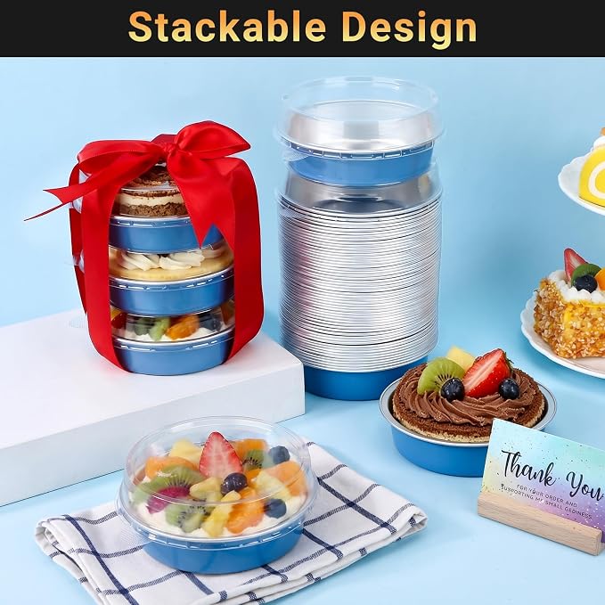Beasea Mini Tart Pans with Lids 20 Pack, 4" 7.3oz Disposable Aluminum Foil Baking Tins Cups Round Pie Container for Individual Cupcake Dessert Muffin Cheesecake Quiche - Moon Blue