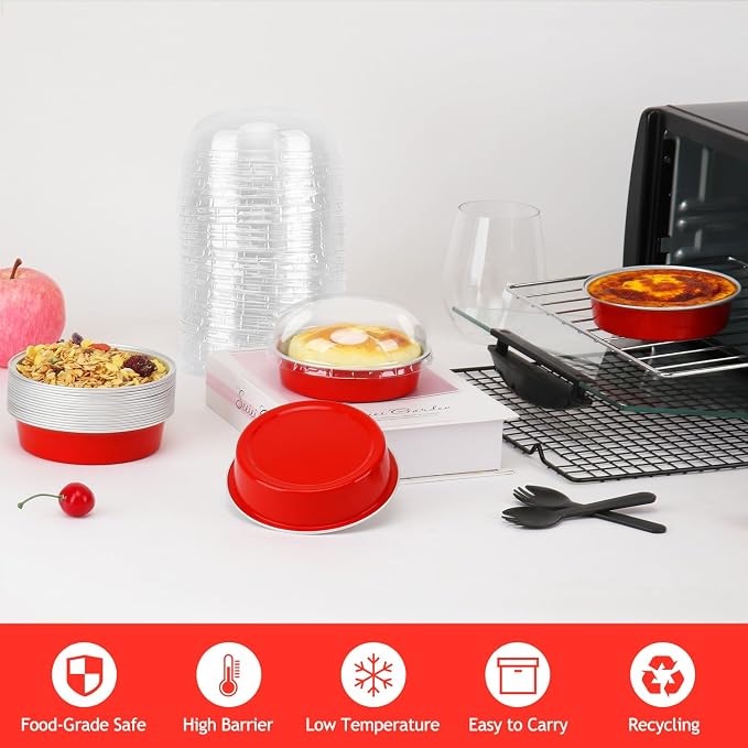 LNYZQUS 8oz Mini Pie Tins with Lids 50 Pack, 4 Inch Individual Cake Pans | Foil Disposable, Small Cake Tins, Mini Pie Containers, for Christmas Bake Sale Baking and Packaging, Red