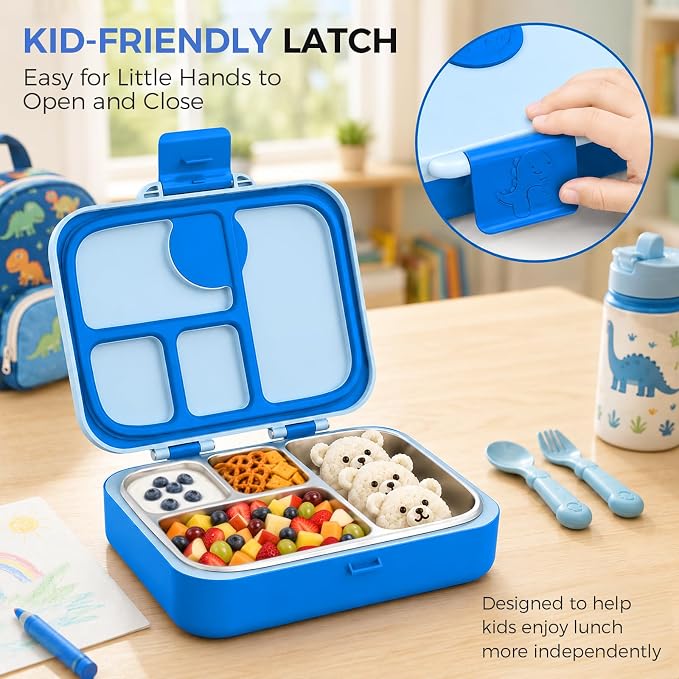 Kids Stainless Steel Bento Lunch Box, 4 Compartments | Leak-Resistant 4 Cups Lunch Container for Ages 4+ with Easy-Open Latch, Removable Seal & Meal Feedback Icon