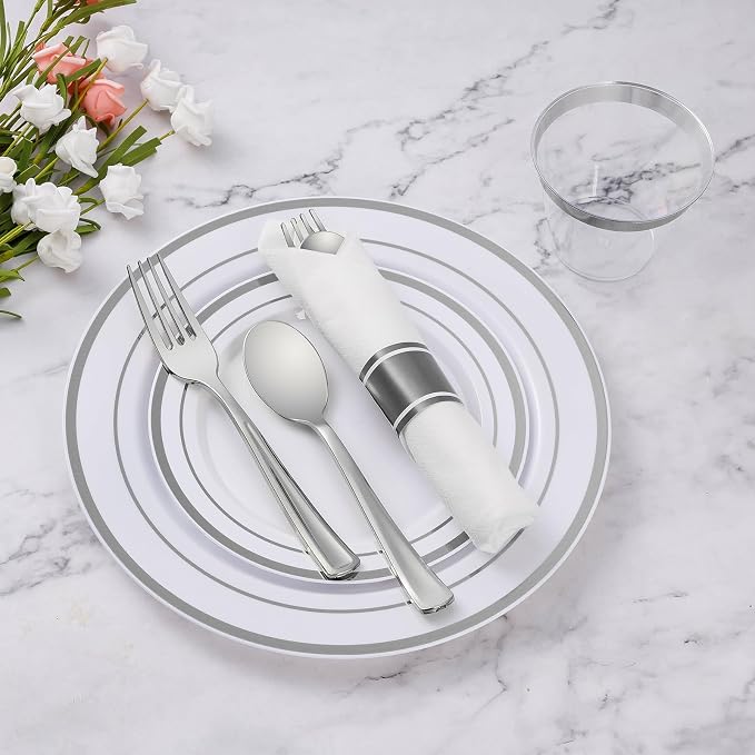 490 Piece Silver Plastic Dinnerware Set for 70 Guests | Disposable Dinnerware Includes: 70 Dinner Plates, 70 Dessert Plates, 70 Pre Rolled Napkins with Silverware, 70 Cups