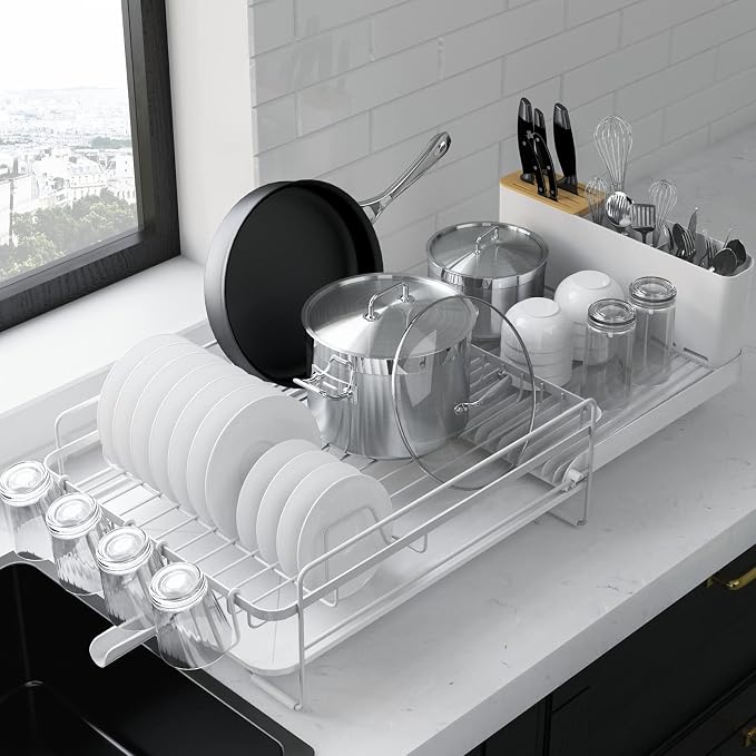 Kitsure Extendable Dish Drying Rack, 19.2"-26.7" L x 12.9" W, White | Large Dish Rack, Multifunctional Dish Rack for Kitchen Counter, Anti-Rust Dish Drainers with Cutlery & Cup Holders