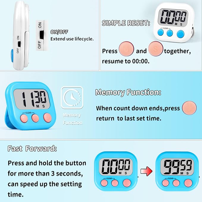 Timer for Kids Digital Kitchen Timers for Cooking- 2 Pack Blue White | Countdown Timer for Classroom Study Exercise Teacher Supplies, Strong Magnetic, Loud Alarm, Large Screen, Fast Reset, Memory