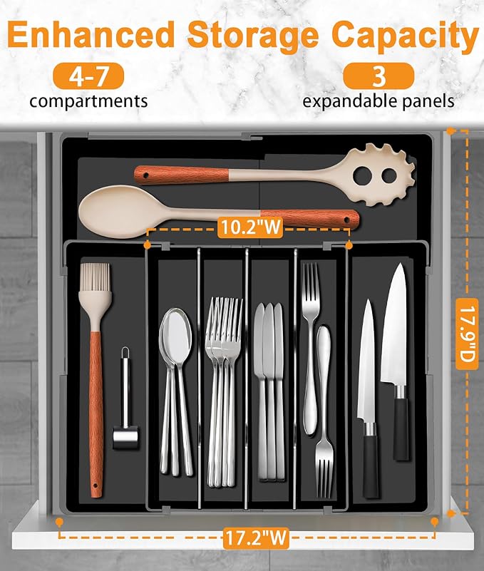 Silverware Organizer - Expandable Kitchen Drawer Organizer, 3" High Utensil Holder, BPA Free Flatware and Cutlery Tray for Spoons Forks Knives, Plastic Kitchen Organizer and Storage, Black
