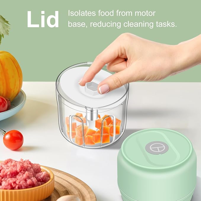 250ml (1 Cup) Electric Garlic Chopper, Green Portable Garlic Press | Wireless Mini Food Processor, Rechargeable Garlic Chopper Mincer for Ginger, Chili, Onion, Minced Meat and Spices