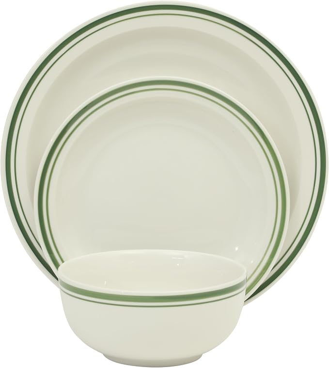 Gibson Home Hometown Diner 12-Piece Porcelain Dinnerware Set, Round Plates and Bowls Set for 4, White with Green Rim, Dishwasher Safe – Dinner Plate, Salad Plate & Cereal Bowl