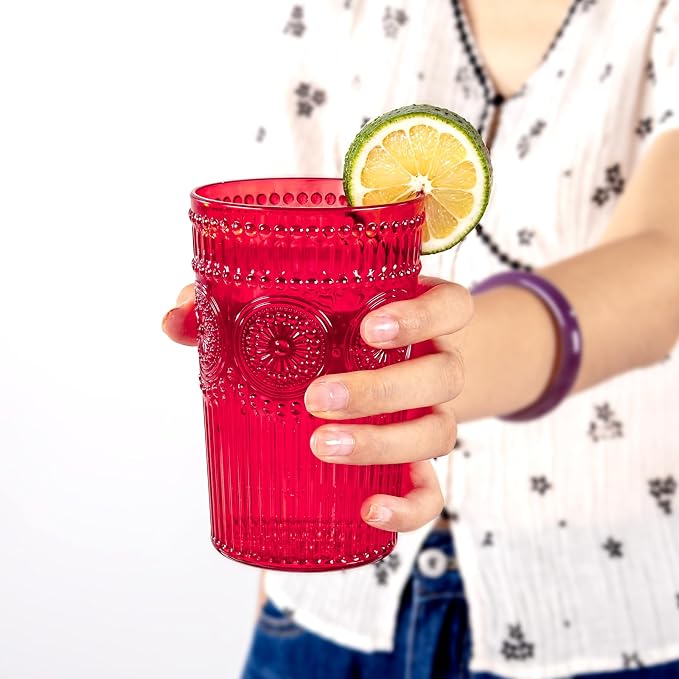 Ciaell 12 Pack Red Plastic Water Glasses for Parties Dinners | 14 oz Red Embossed Ribbed Vintage Drinking Cups, Heavy Duty Plastic, Beer Juice Beverages Wine for Outdoor Weddings