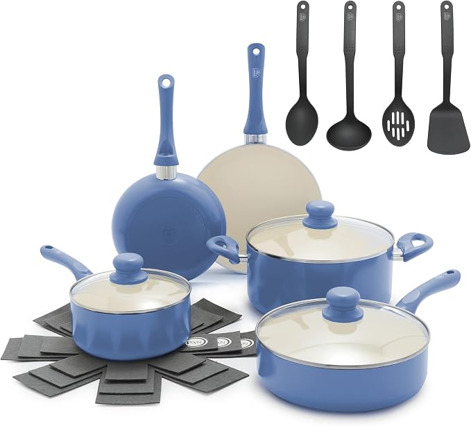 GreenLife 16pc Ceramic Nonstick Pots & Pans Cookware Set, Slate Blue | PFAS-Free Nonstick Coating, Stockpot, Frying Pans, Saucepan, Sauté, Induction Ready, All Stovetop Compatible, Dishwasher Safe