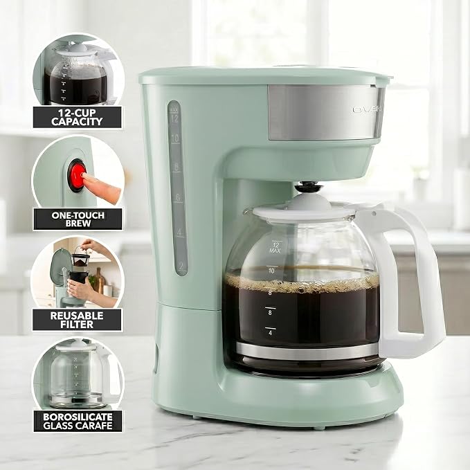 OVENTE 12-Cup Drip Coffee Maker with Easy On/Off Switch, Teal CM412LBL | Anti-Drip System, Heat-Resistant Borosilicate Glass Carafe, Reusable Filter, Water Level Indicator, Ideal for Home or Office