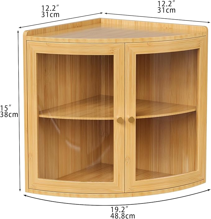 Trironsun Fan Shape Corner Bread Box for Kitchen Counter Double Layer Large Bread Storage Container with Acrylic Doors Farmhouse Wooden Bread Box Organizer for Homemade Bread (Natural Bamboo)