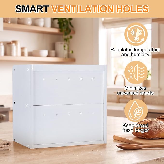 Alpeir Wooden Bread Box for Kitchen Countertop, Large Double Layer, White | Food-Safe Pine Wood, Double-Row Ventilation, Strong Acrylic Window, Raised Top Shelf, Easy Care, Farmhouse Corner Container