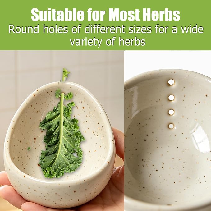 2026 Latest Herb Stripper Pottery Bowl Cutter Tool: Stripping Ceramic Fresh Herbs Kale Striper Cilantro Cutting Razor Gift Herbalists Peeler Shredder Chopper Clay Small Cup (White(No Scissor))
