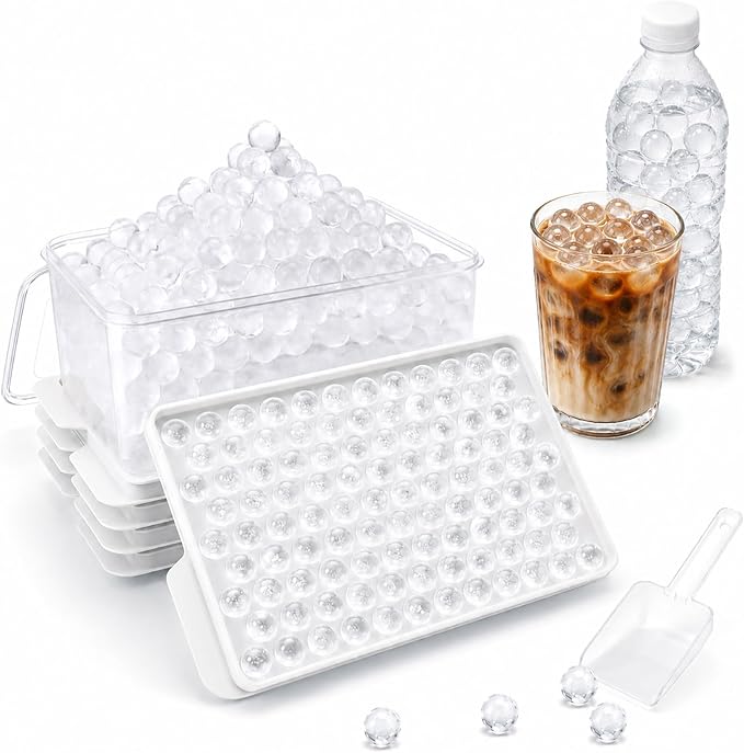 Mini Ice Cube Trays with Lid & Bin, Tiny Pebble Ice Balls for Coffee | Make 416 Mini Ice Balls with 4 Trays, Easy Release, Stackable, Scoop Included, for Iced Coffee, Drinks and Daily Use