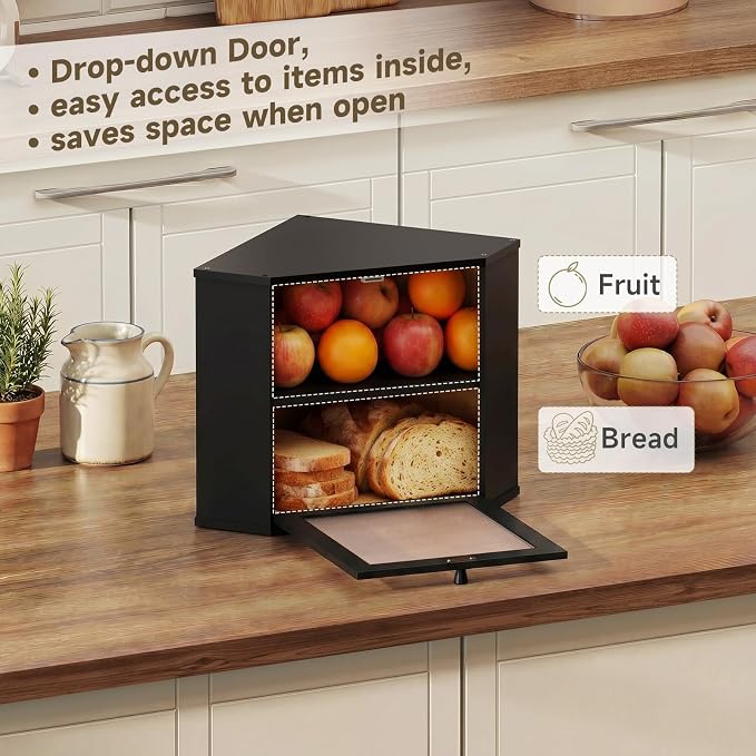Bread Box for Kitchen Corner Countertop,Large Bread Basket (Black, Large) | Double Layer Bamboo Bread Storage Container for Kitchen Countertop,Height Adjustable