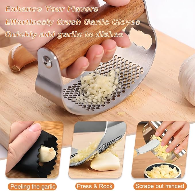 Garlic Press Rocker Stainless Steel Ginger Crusher, Garlic Mincer and Squeezer Kitchen Gadget with Ergonomic handle, Silicone Tube Garlic Peeler, Scraper and Cleaning Brush Tool Set