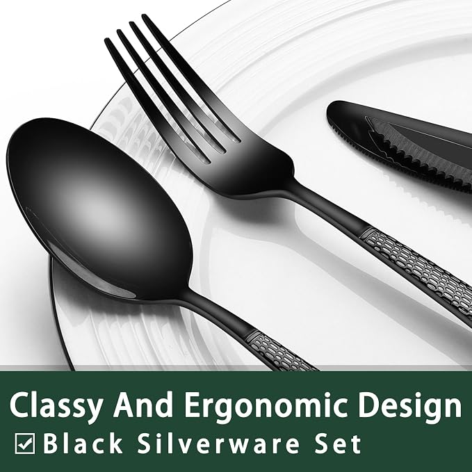 EWFEN 24-Piece Black Silverware Set with Steak Knives, Black Flatware Set for 4, Food-Grade Stainless Steel Tableware Cutlery Set, Mirror Finished Utensil Sets for Home Restaurant, Round Hammered