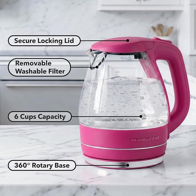 OVENTE 1.5L Glass Electric Kettle Water Boiler, Pink KG83F | 1100W Fast Boiling, Borosilicate Glass, BPA-Free, Blue LED, Auto Shut-Off, Boil-Dry Protection, Removable Filter, 360° Base
